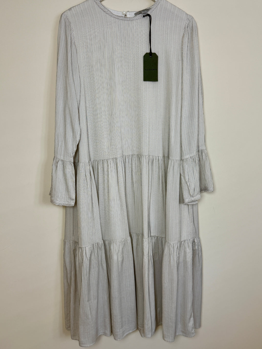 AllSaints Lori Stripe Midi Dress Chalk White Silk Blend UK 14 BNWT