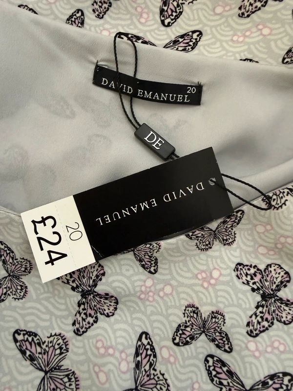 David Emanuel Brand new Summer Butterfly Lilac Grey Print Blouse - UK20