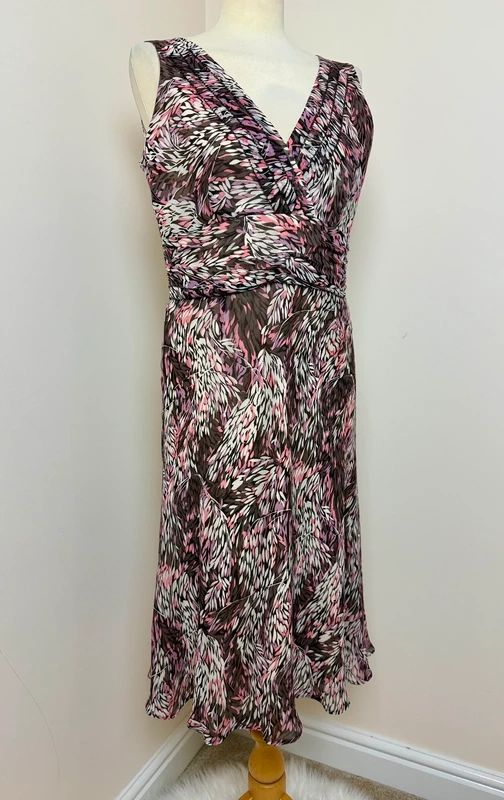 CC Petite Pure Silk Wrap Dress Pink Brown Abstract Leaf Midi UK12