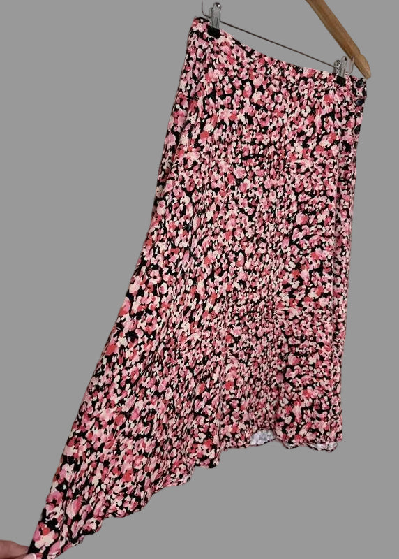 Oliver Bonas Pink Black Ditsy Floral Midi Skirt Flared Button Detail UK10