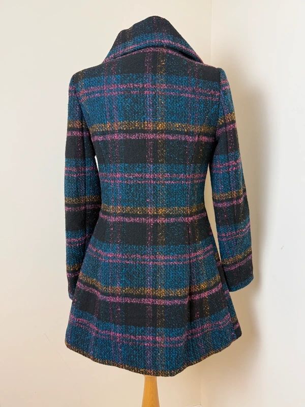Joe Browns Plaid Overcoat Teal Pink Check Asymmetric Collar Wool Blend UK10