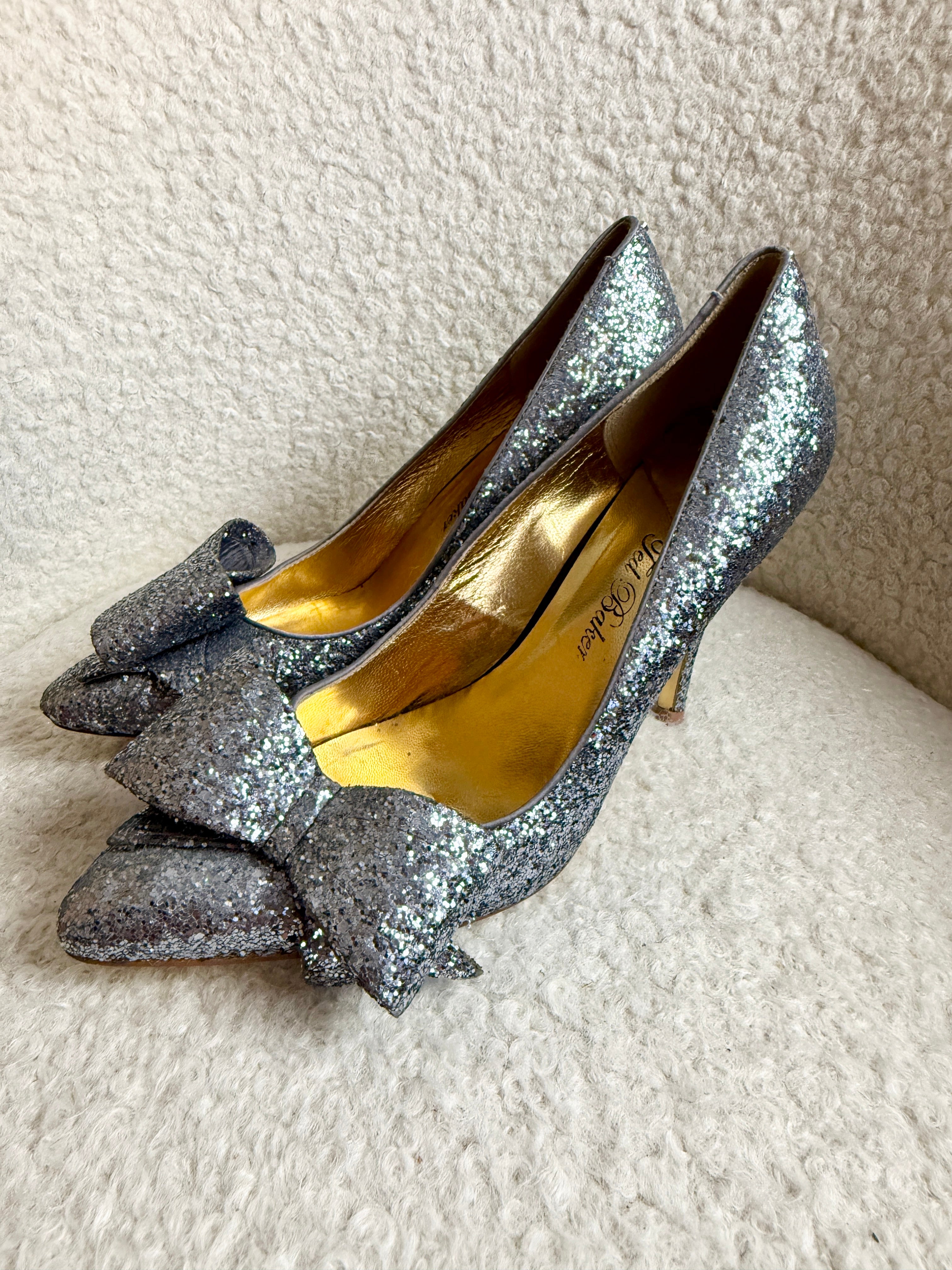 Ted Baker Keanah 2 Glitter Heels Silver Bow Pointed Toe UK8