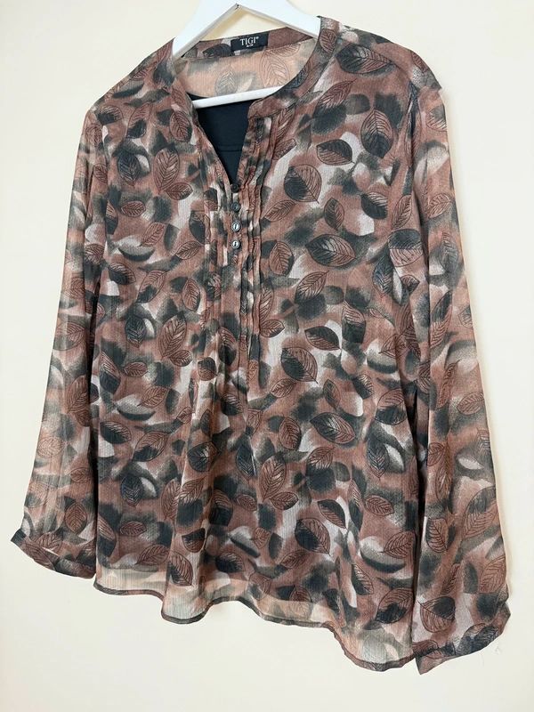 TIGI Brown Black Leaf Pattern Layered Sheer Blouse  - UK18/20