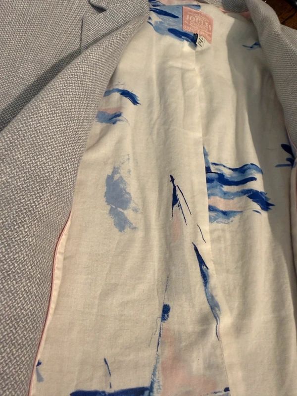 Joules Albury Grey Cotton Linen Blazer Floral Lined Tailored Jacket UK10