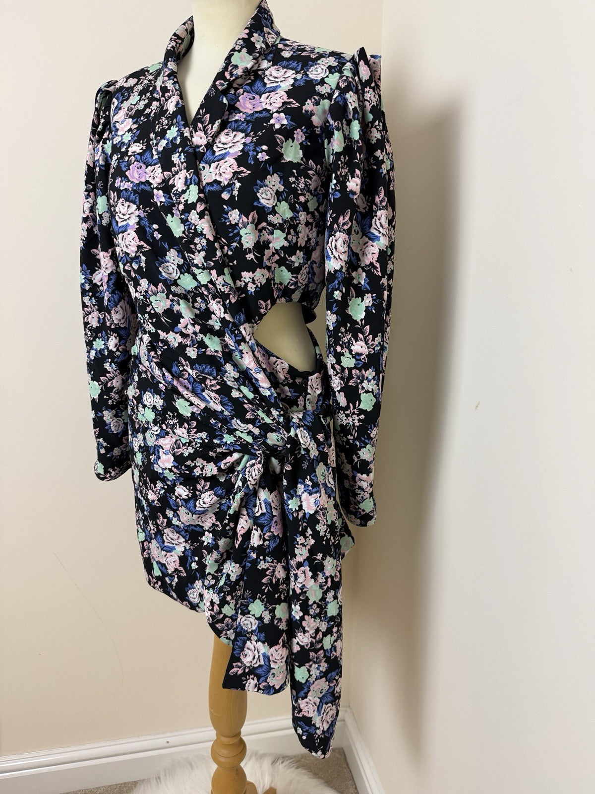 ASOS Black Pink Floral Wrap Around Blazer Mini Dress - UK12