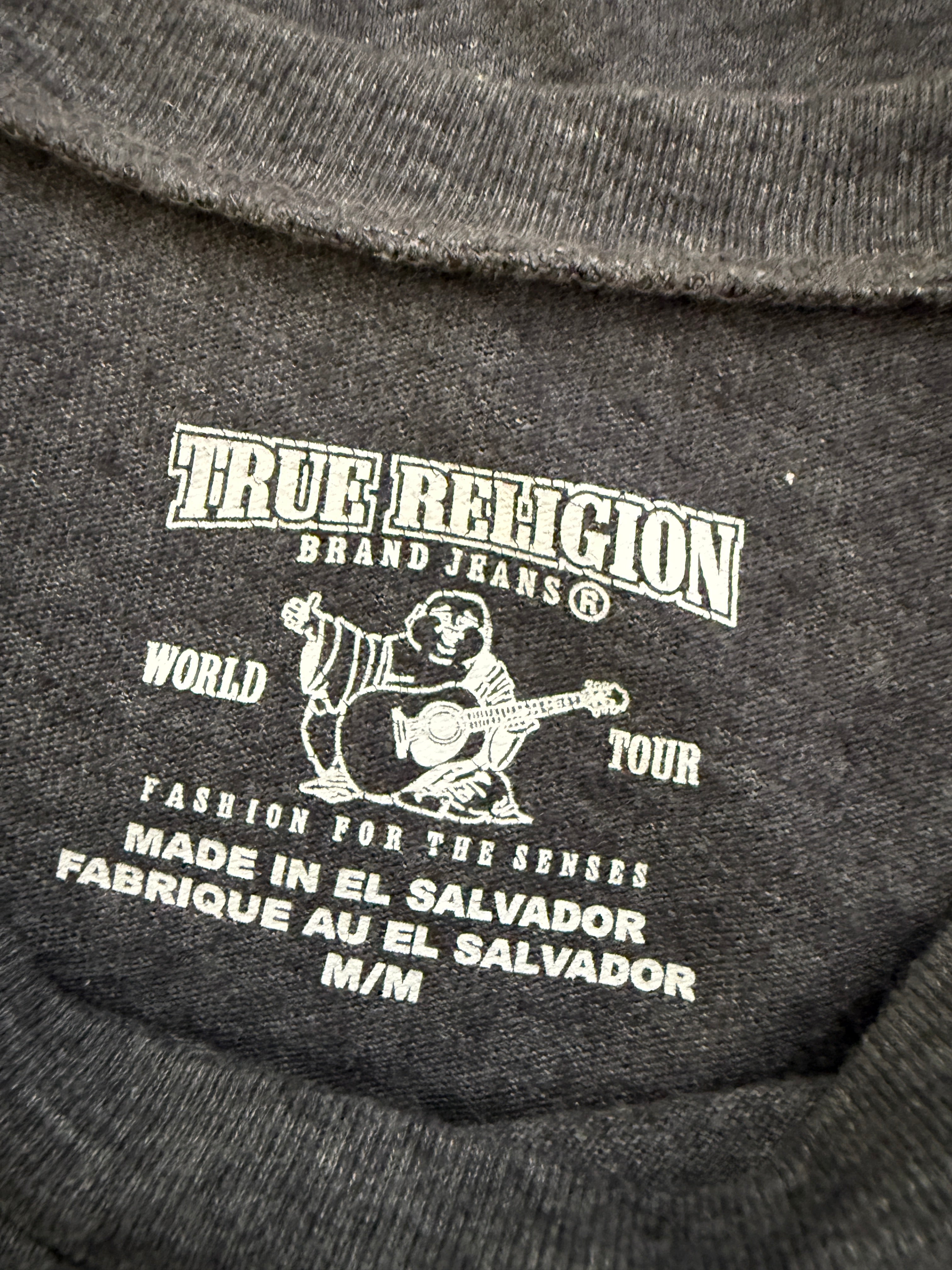 True Religion World Tour Graphic T Shirt Medium Charcoal Rhinestone