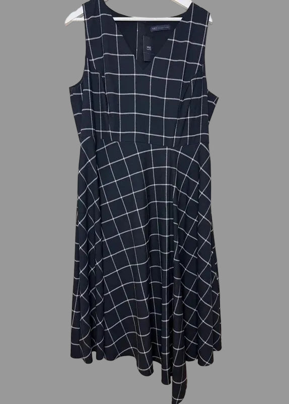 M&S Collection Navy & White Checked Fit & Flare Lined Dress – BNWT, UK 18, Smart Occasion