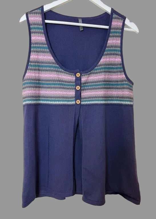 South Purple Stripe Knit Top Sleeveless Open Front Button Detail UK16