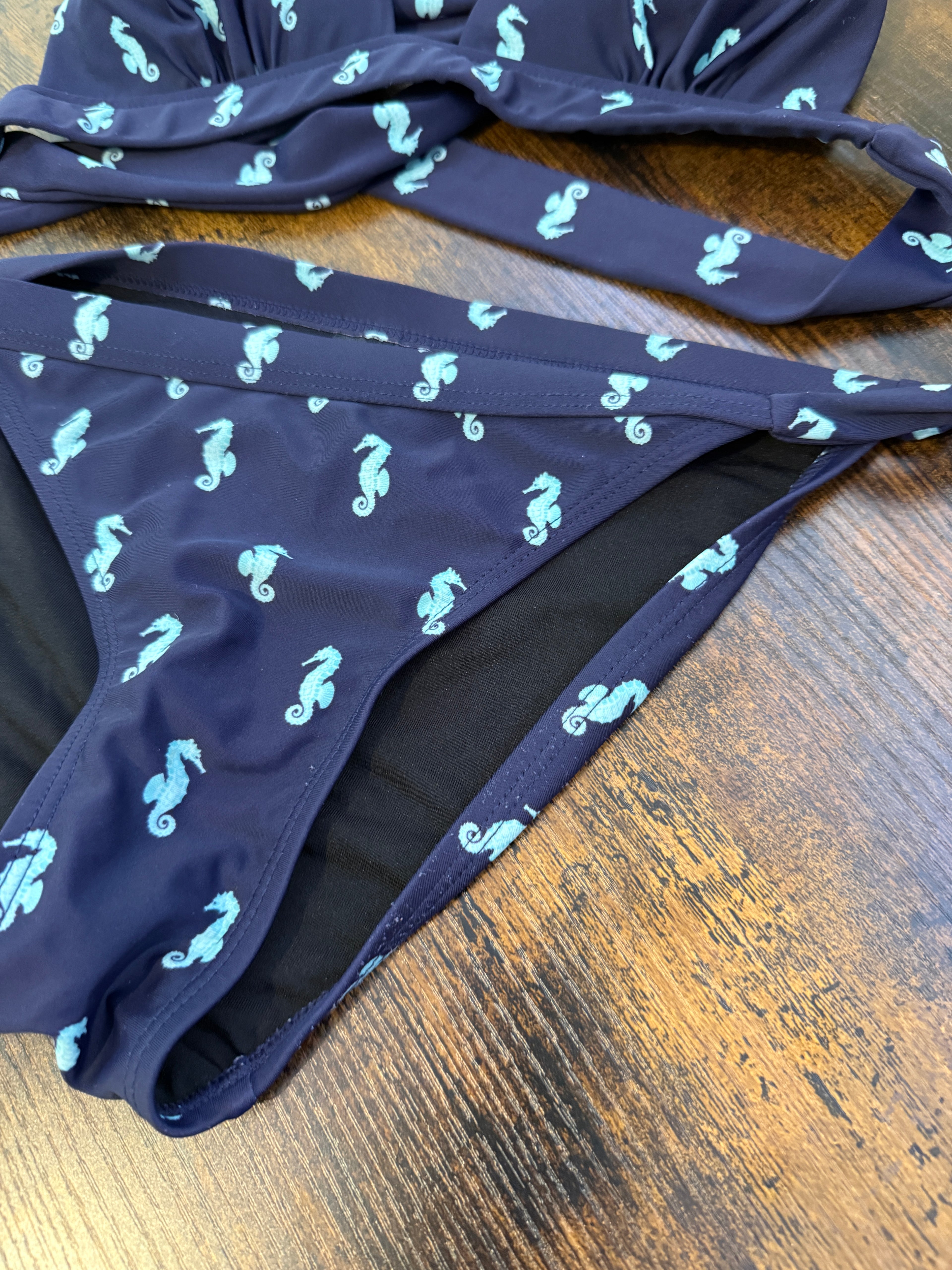 Oasis Navy Blue Seahorse Print Bikini Set Halter Neck Side Tie UK8
