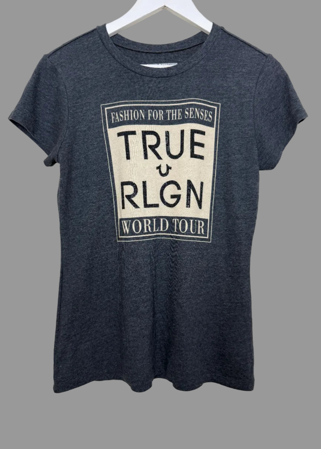 True Religion World Tour Graphic T Shirt Medium Charcoal Rhinestone