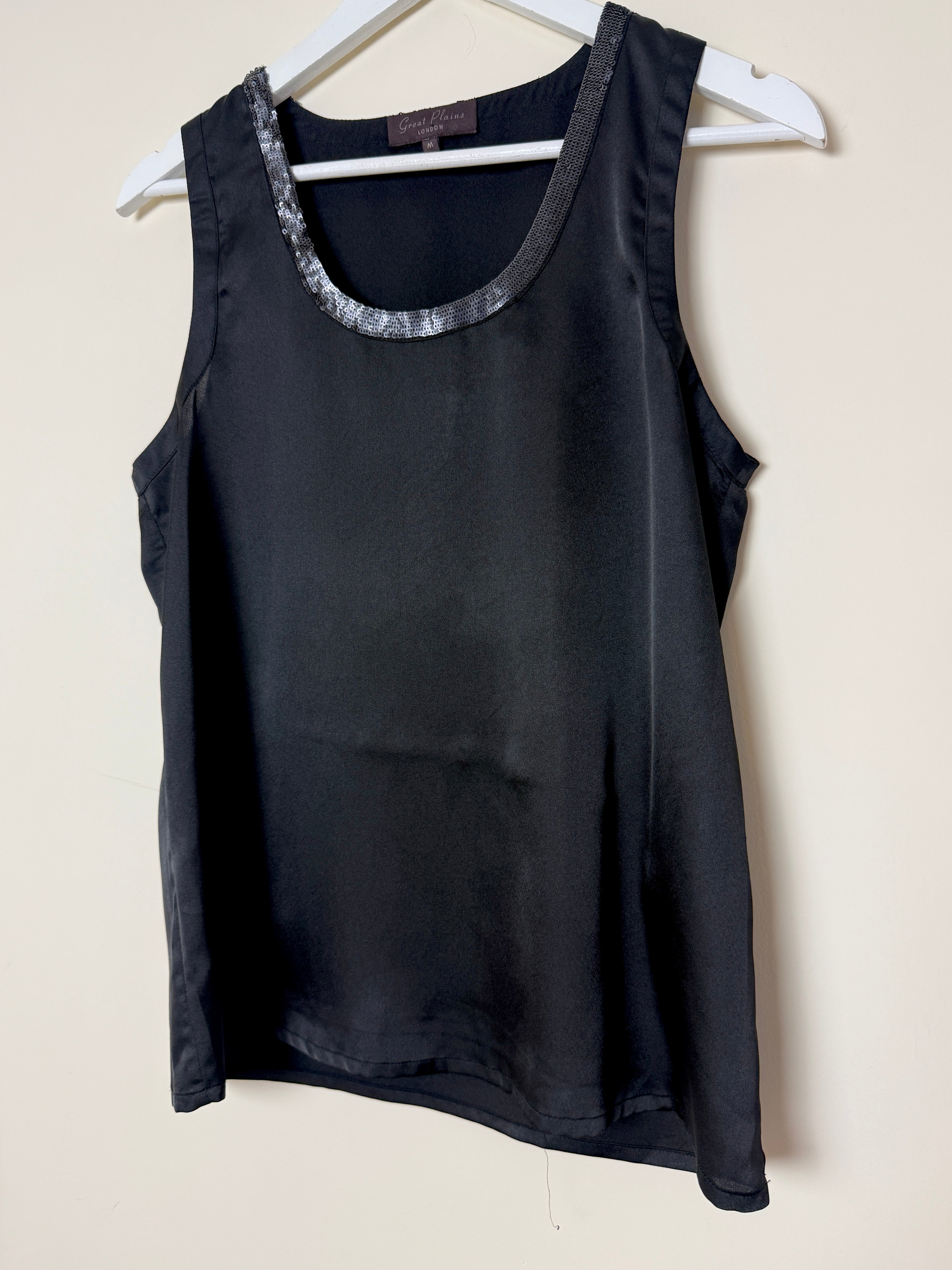 Great Plains Black Satin Sleeveless Top Sequin Neckline Size M
