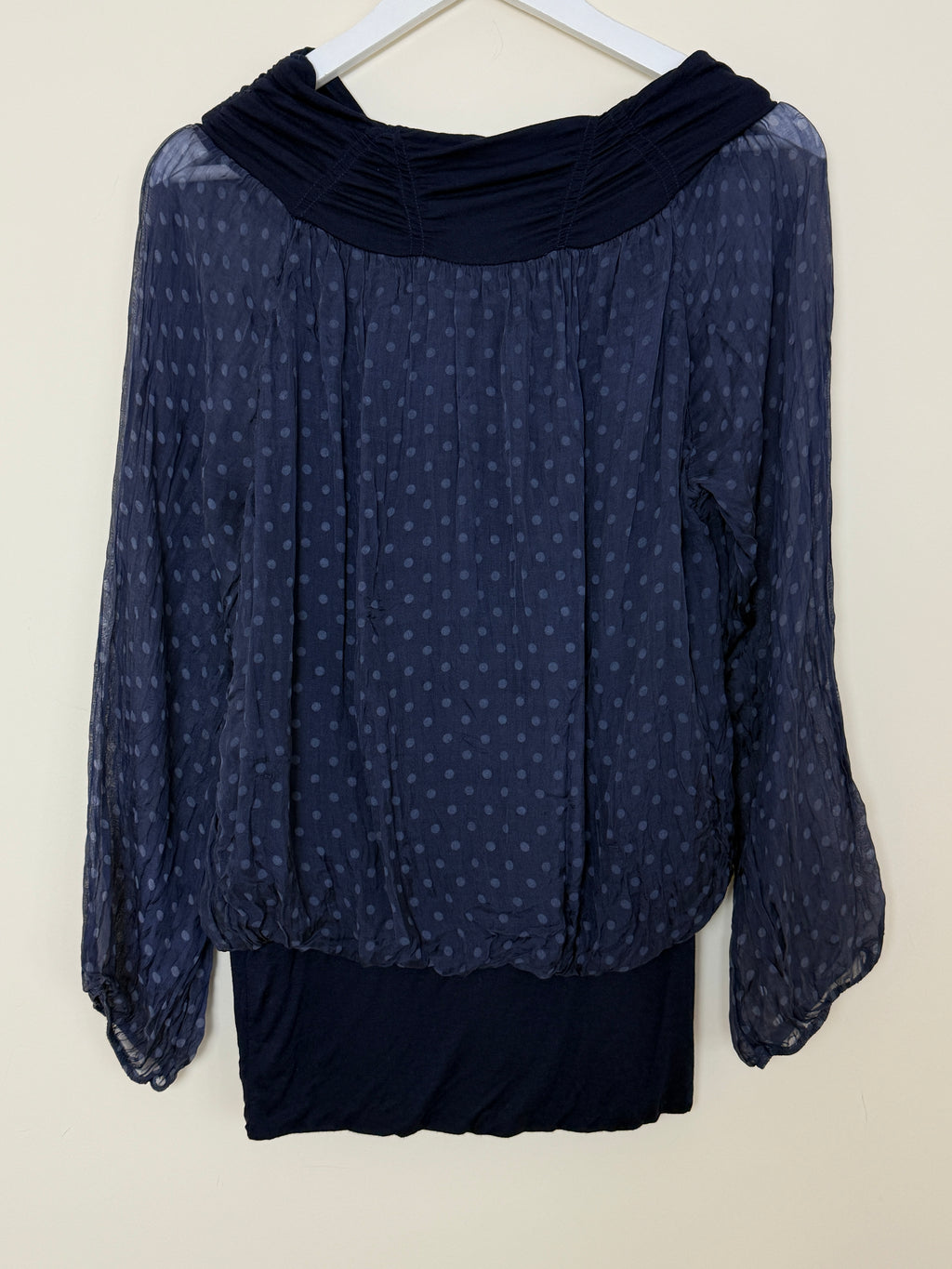 Made In Italy Navy Blue Sheer Polka Dot Balloon Sleeve Blouse Medium