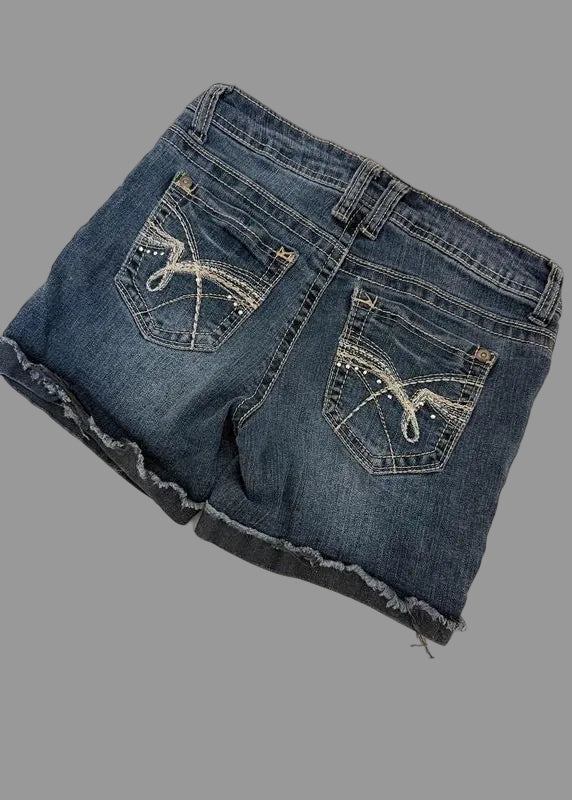 No Boundaries Y2K Embroidered Denim Shorts W28 Mid Blue Wash Rhinestone Cut Off