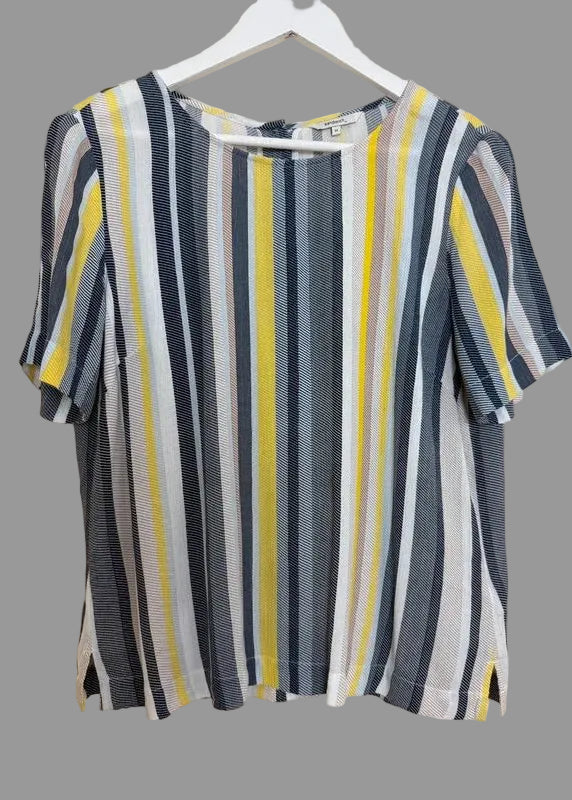 Sandwich Clothing Stripe Top Yellow Grey White Short Sleeve Split Hem UK8