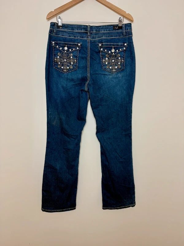 Earl Y2K Slim Bootcut Jeans Low Rise Embellished Pockets UK 14