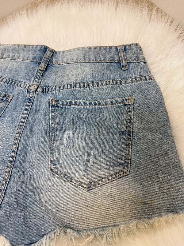 Collection Distressed Y2K Denim Shorts – Embellished with Pearls, Crystals & Mesh Fringe, W28 / UK 10