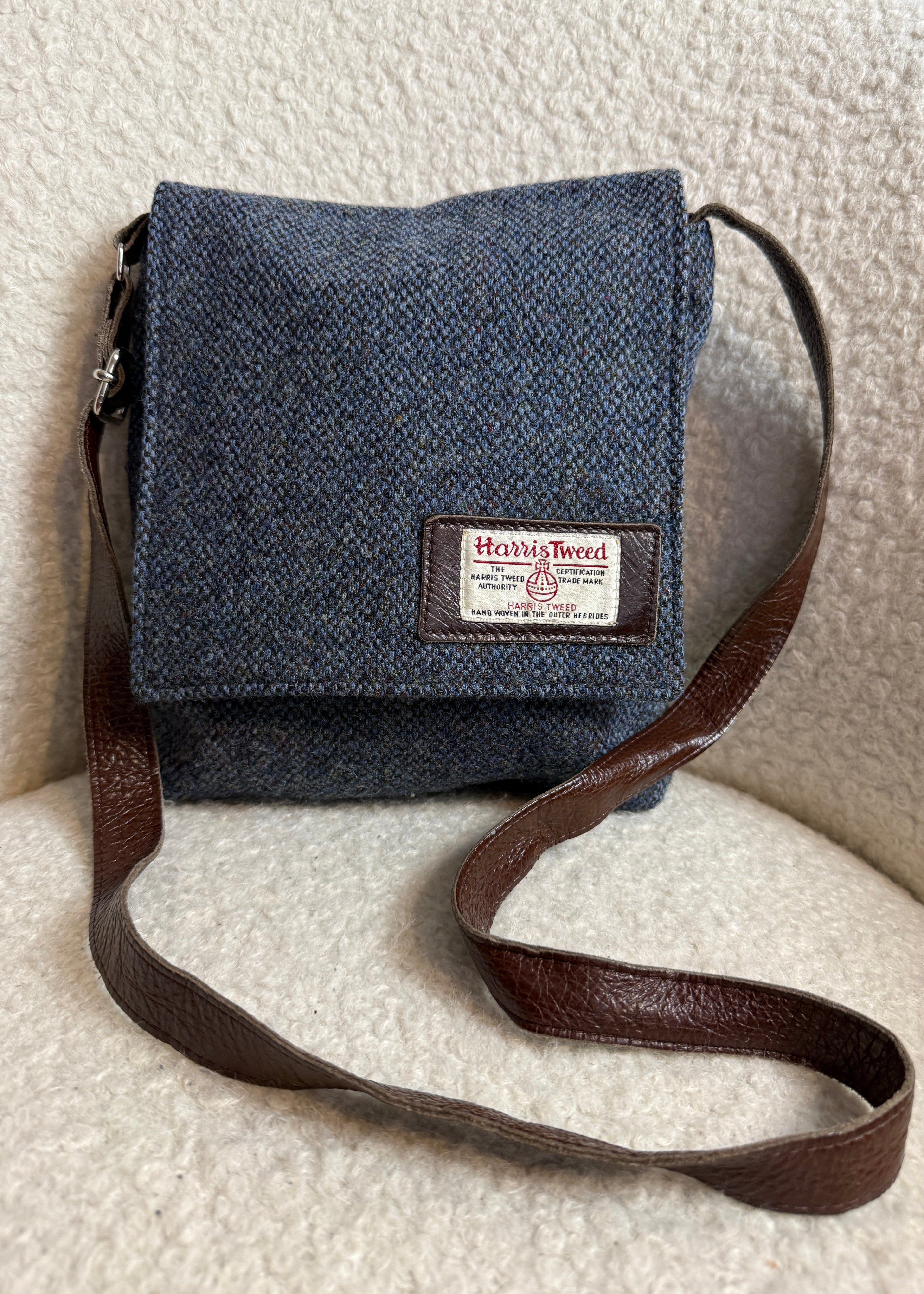 Harris Tweed Messenger Crossbody Bag Navy Herringbone Wool