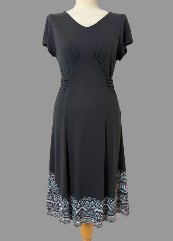 Fat Face Midi Dress Grey Boho Tie Waist Printed Hem UK12