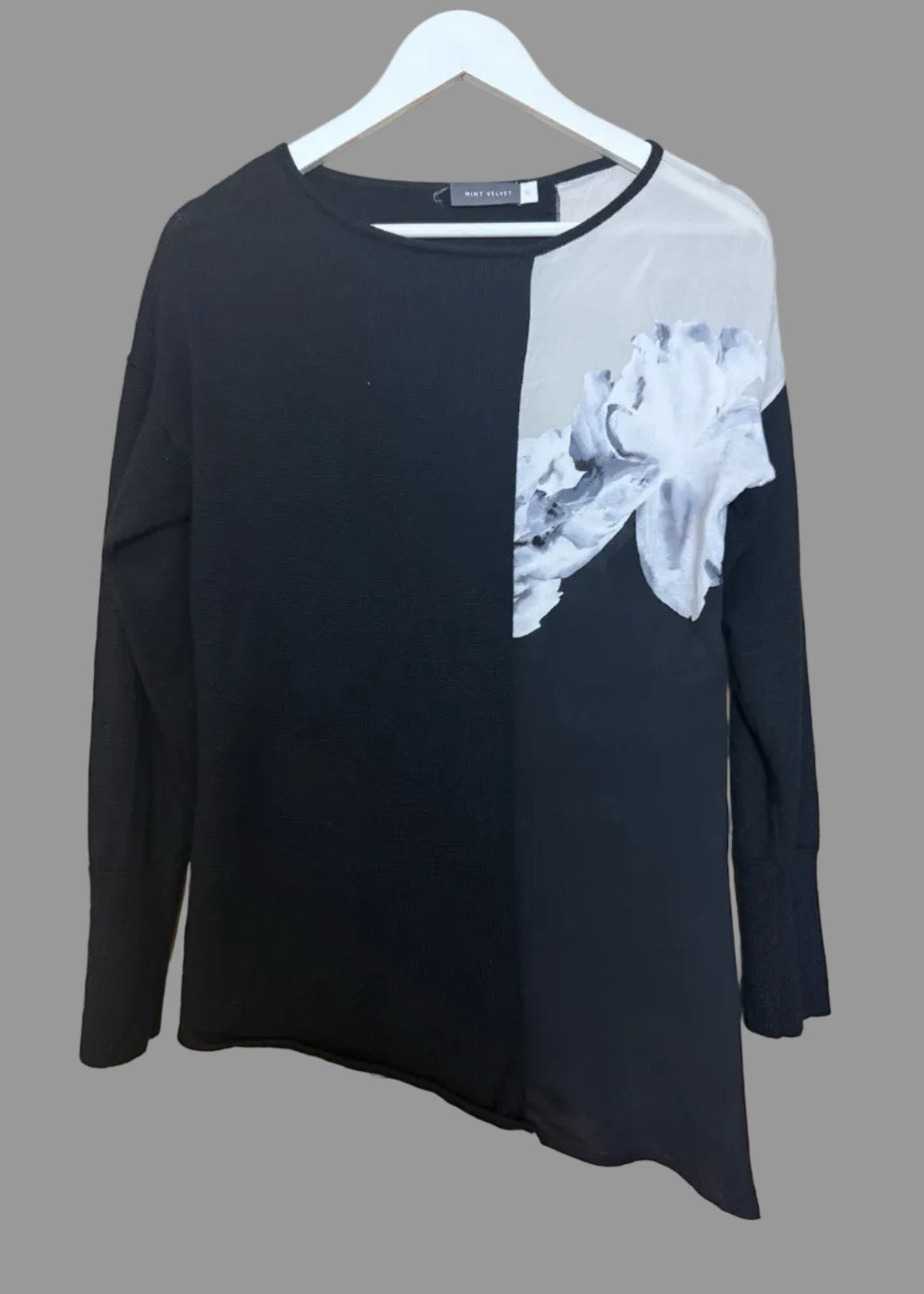 Mint Velvet Floral Sheer Black Grey Asymmetric Jumper - UK 12