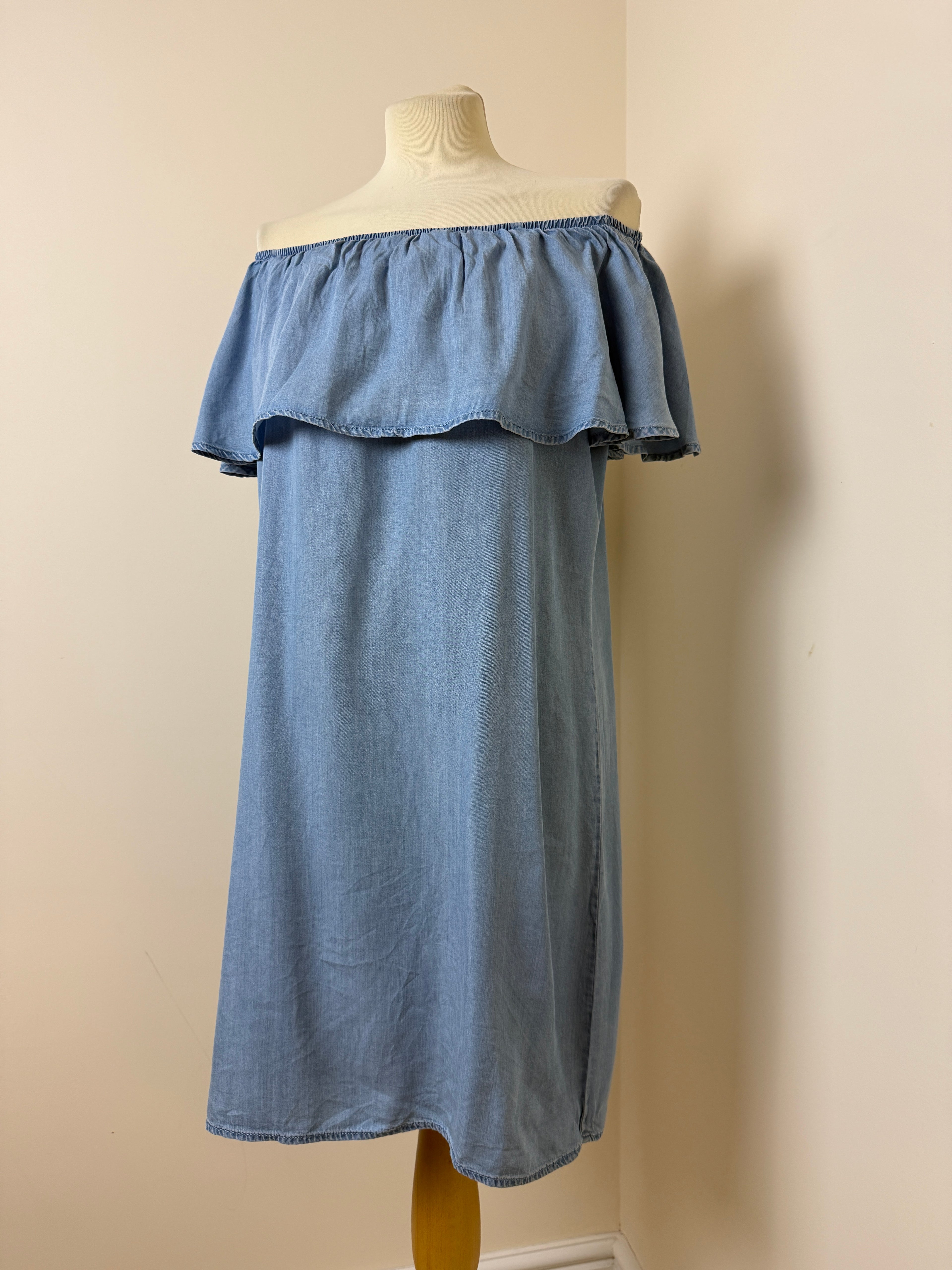 Peacocks Blue Chambray Bardot Dress UK14 Tencel Summer Midi