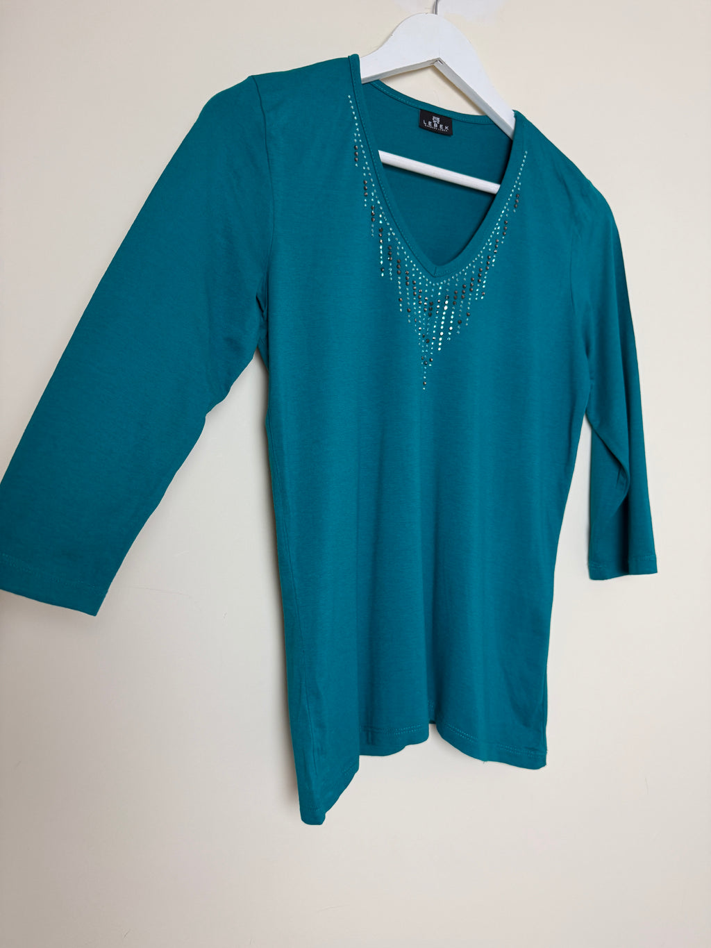 Lebek Teal Embellished V-Neck 3/4 Sleeve Top UK 12