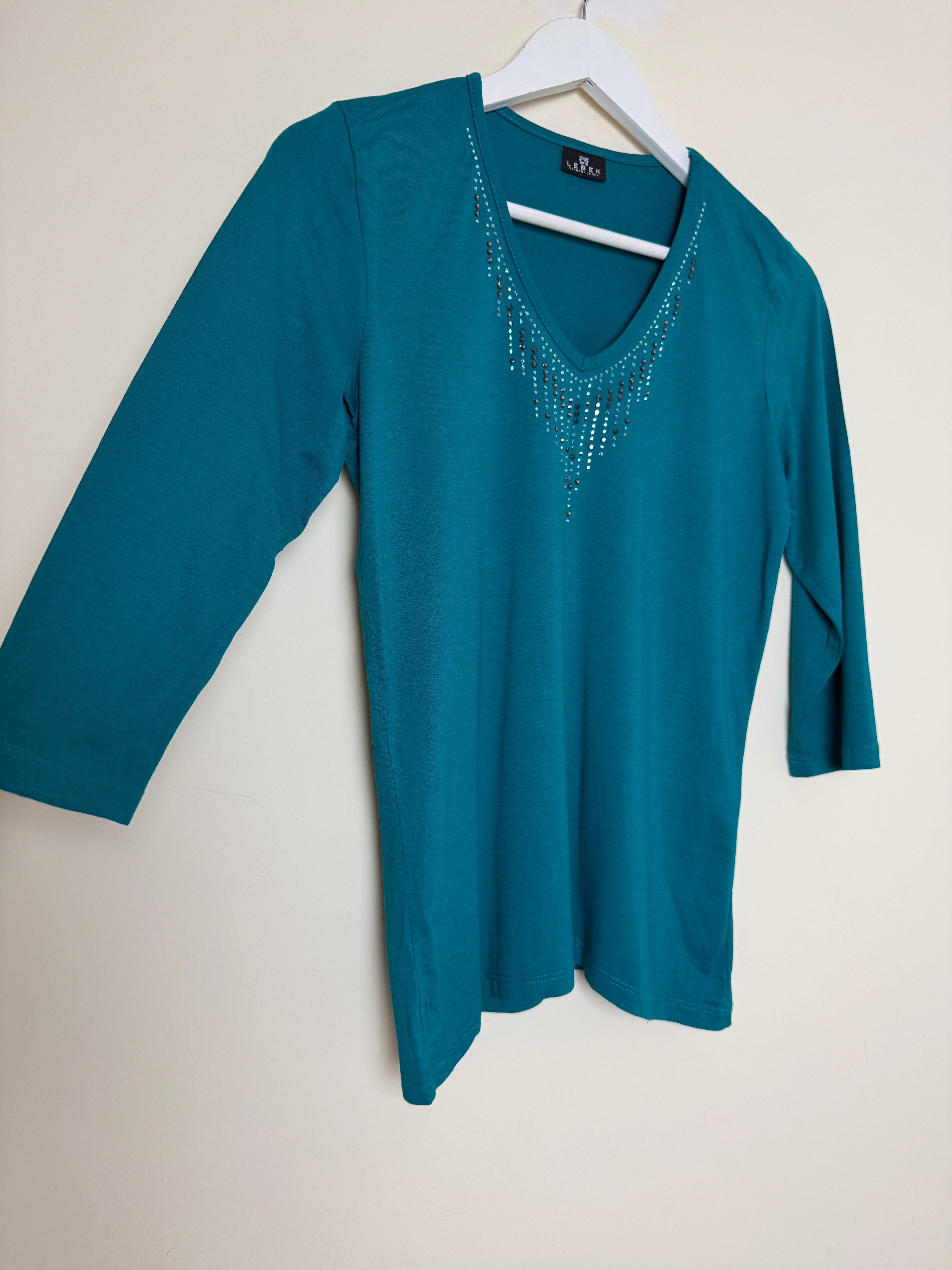 Lebek Teal Embellished V-Neck 3/4 Sleeve Top UK 12