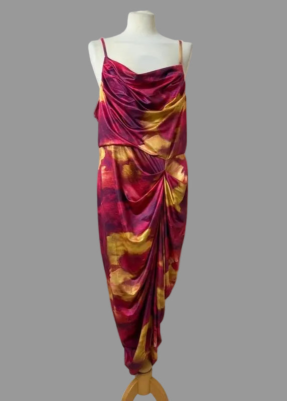 Shein Curve Abstract Ruched Midi Dress XXL Cowl Neck Split BNWT