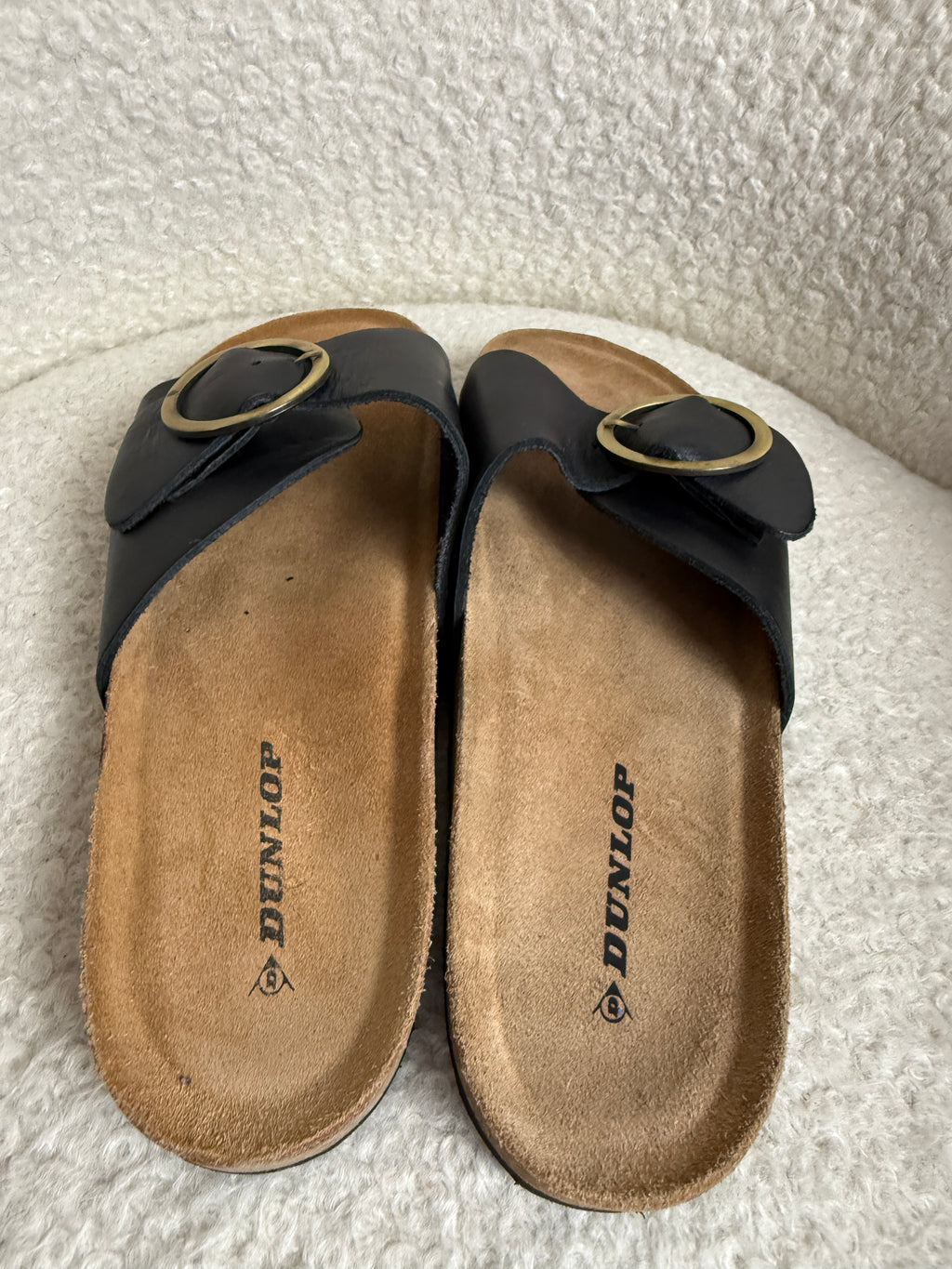 Dunlop Nisha Mule Sandals Black Leather Gold Buckle Cork Footbed UK8 EU41