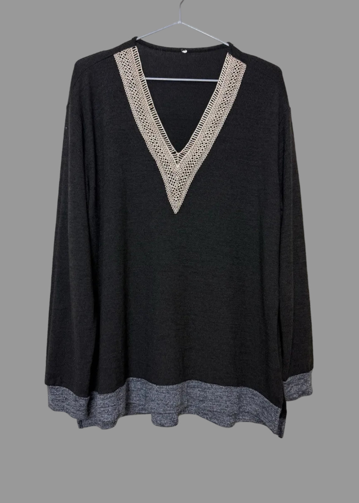 Black V Neck Lace Detail Long Sleeve Top - XL