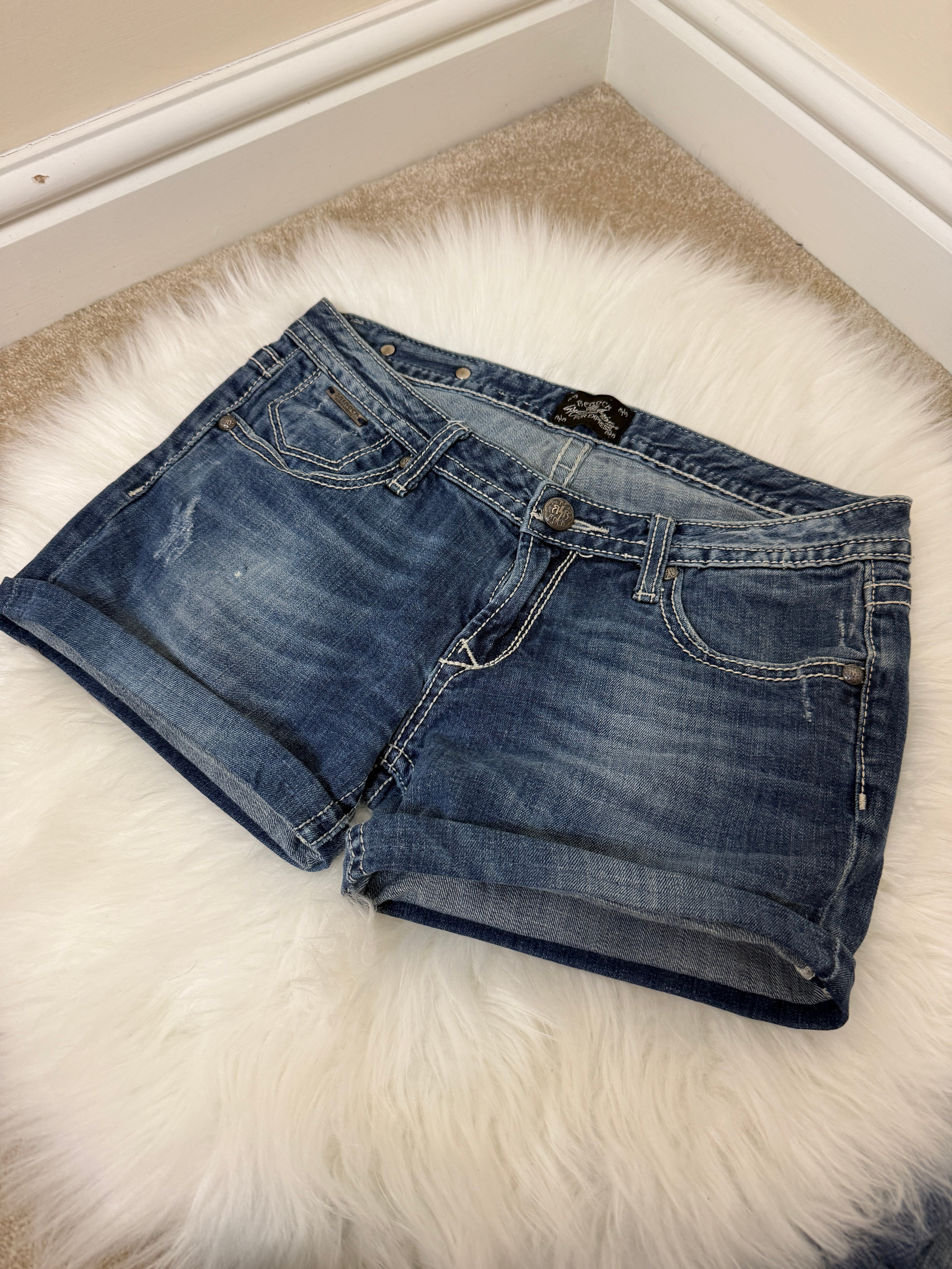 ReRock Express Y2K Western Denim Shorts Dark Wash Embroidered Contrast Stitch UK12