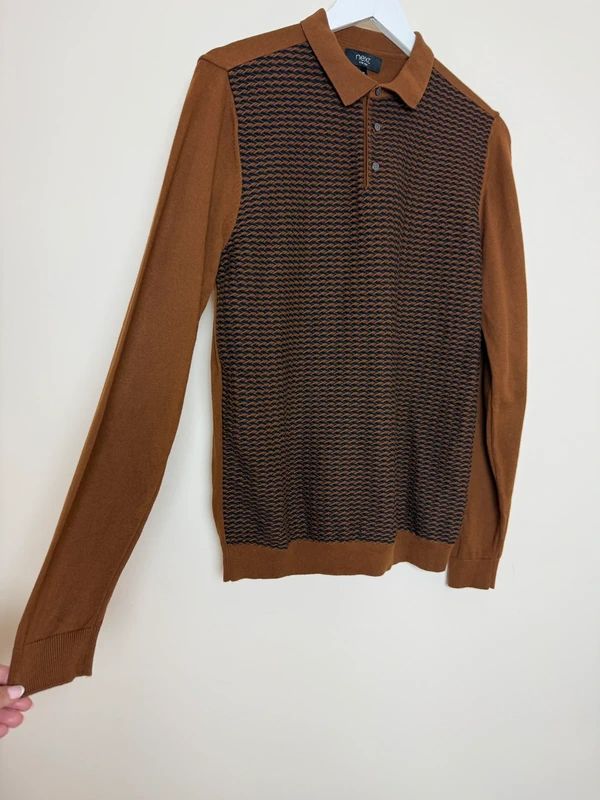 Next Brown Henley Knit Jumper Polo Style Long Sleeve Medium