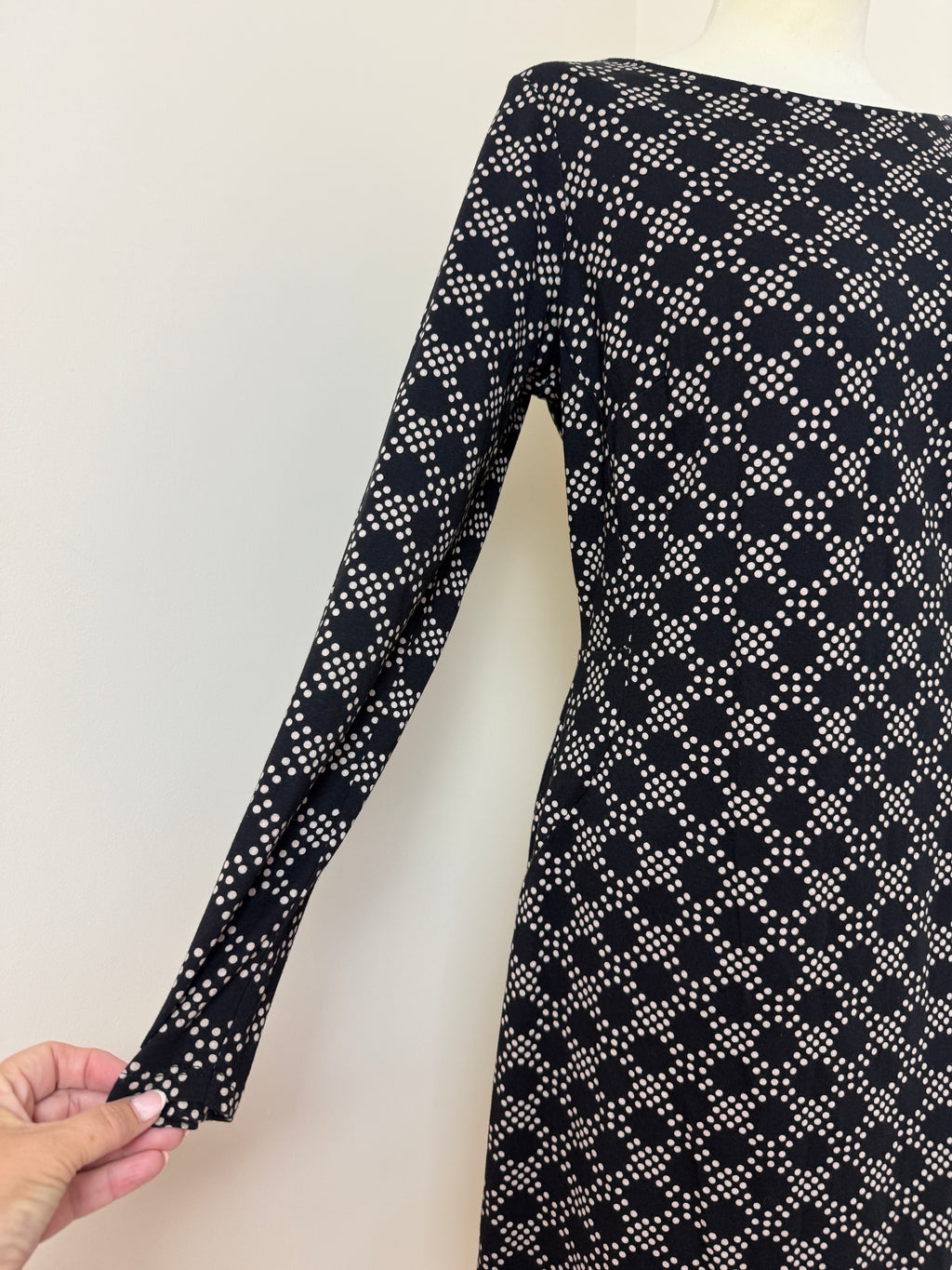 Boden Black Geometric Spot Print Long Sleeve Shift Dress UK 12L