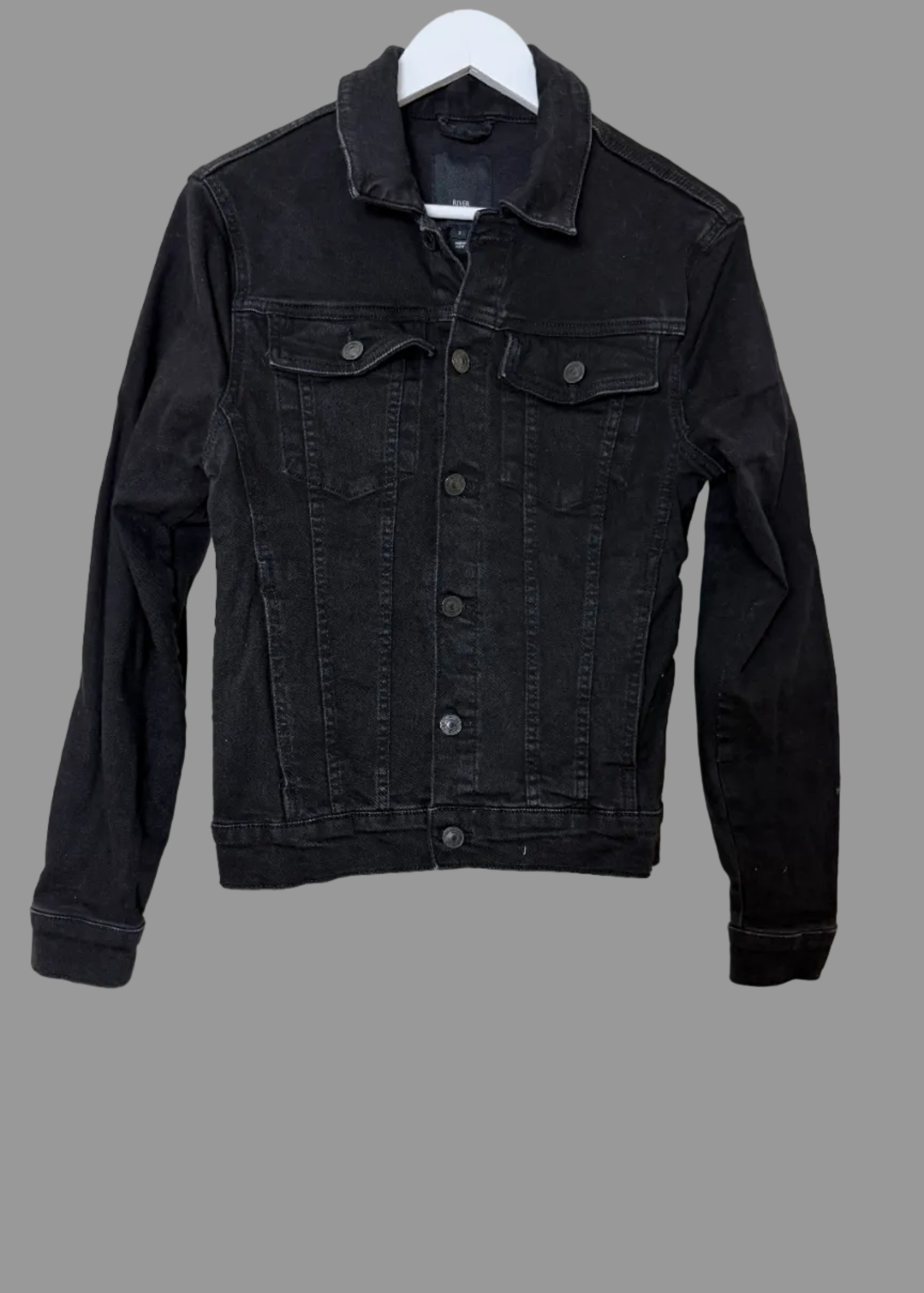 River Island Denim Jacket Black Stretch Slim Fit Trucker Womens