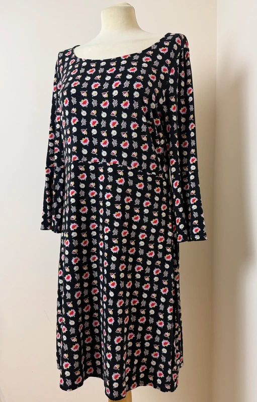 Boden Miriam Tunic Dress Black Geometric Floral Bell Sleeve Jersey UK16L