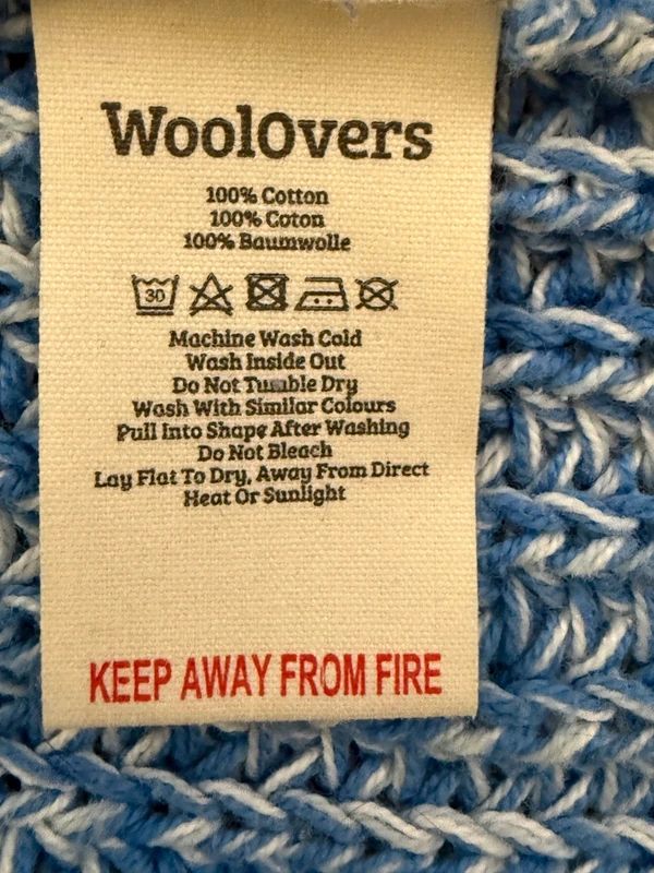 WoolOvers Blue Cable Knit Jumper Medium Cotton Crew Neck Button Back
