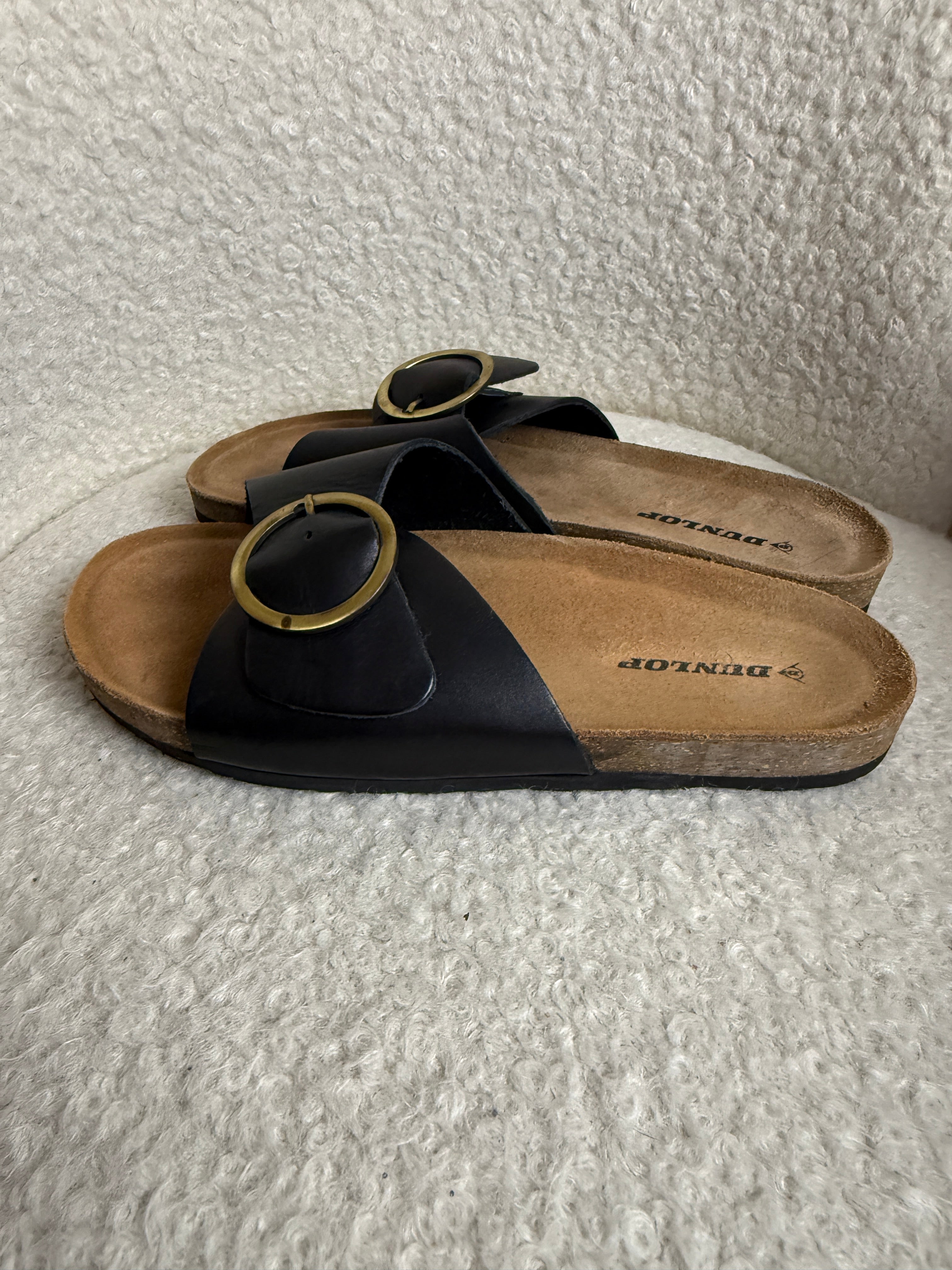 Dunlop Nisha Mule Sandals Black Leather Gold Buckle Cork Footbed UK8 EU41