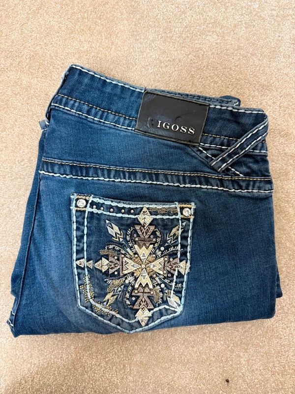Vigoss Chelsea Y2K Bootcut Jeans Dark Wash Embellished Low Rise UK 14