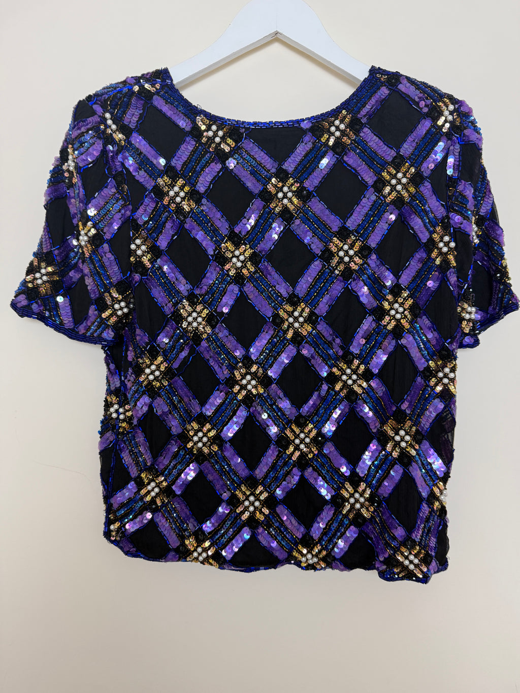 Kuku de Sudi 1980s Vintage Purple Black Sequin & Pearl Embellished 100% Silk Top - Medium