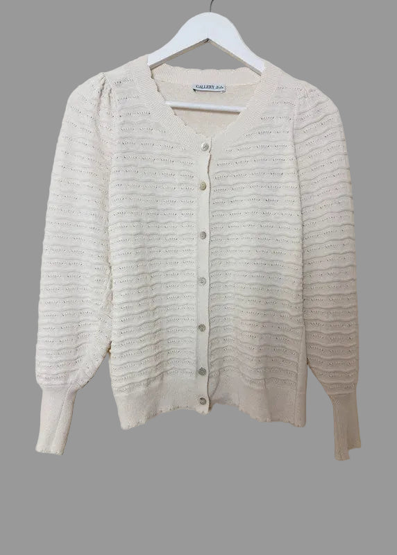 Gallery Ivory Textured Waffle Knit Cardigan - Small