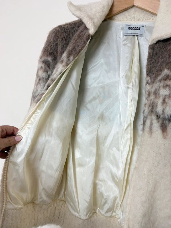 Vintage 1980s Nanook Nordic Mohair Blend Jacket Cream Brown Fuzzy Zip Up Small