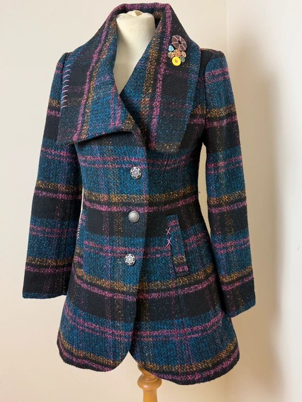 Joe Browns Plaid Overcoat Teal Pink Check Asymmetric Collar Wool Blend UK10