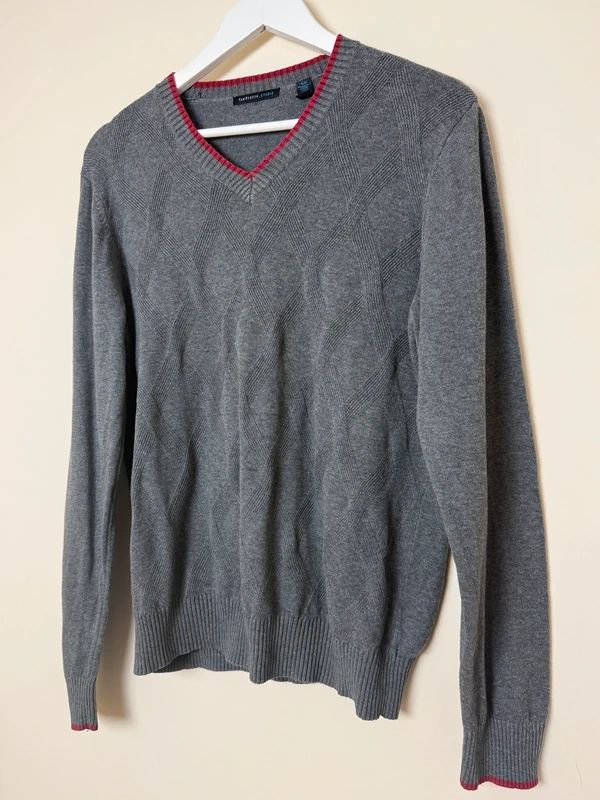 Van Heusen Grey V Neck Jumper Small Cotton Textured Diamond Knit