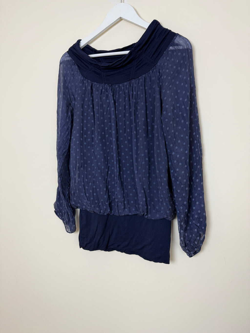 Made In Italy Navy Blue Sheer Polka Dot Balloon Sleeve Blouse Medium
