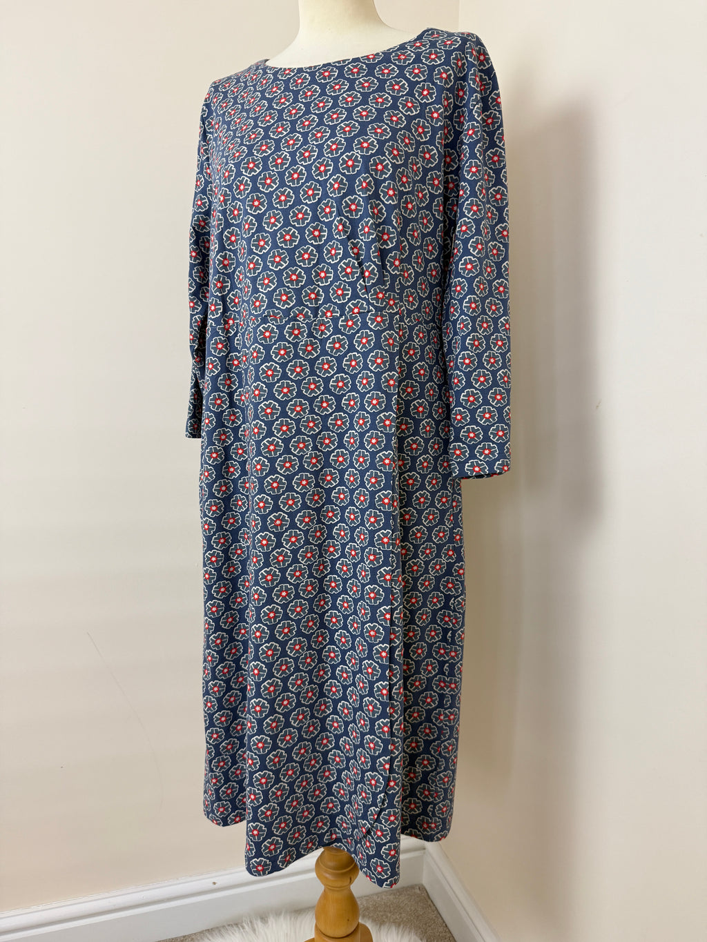 Adini Blue Floral Print Cotton Midi Dress Long Sleeve UK18