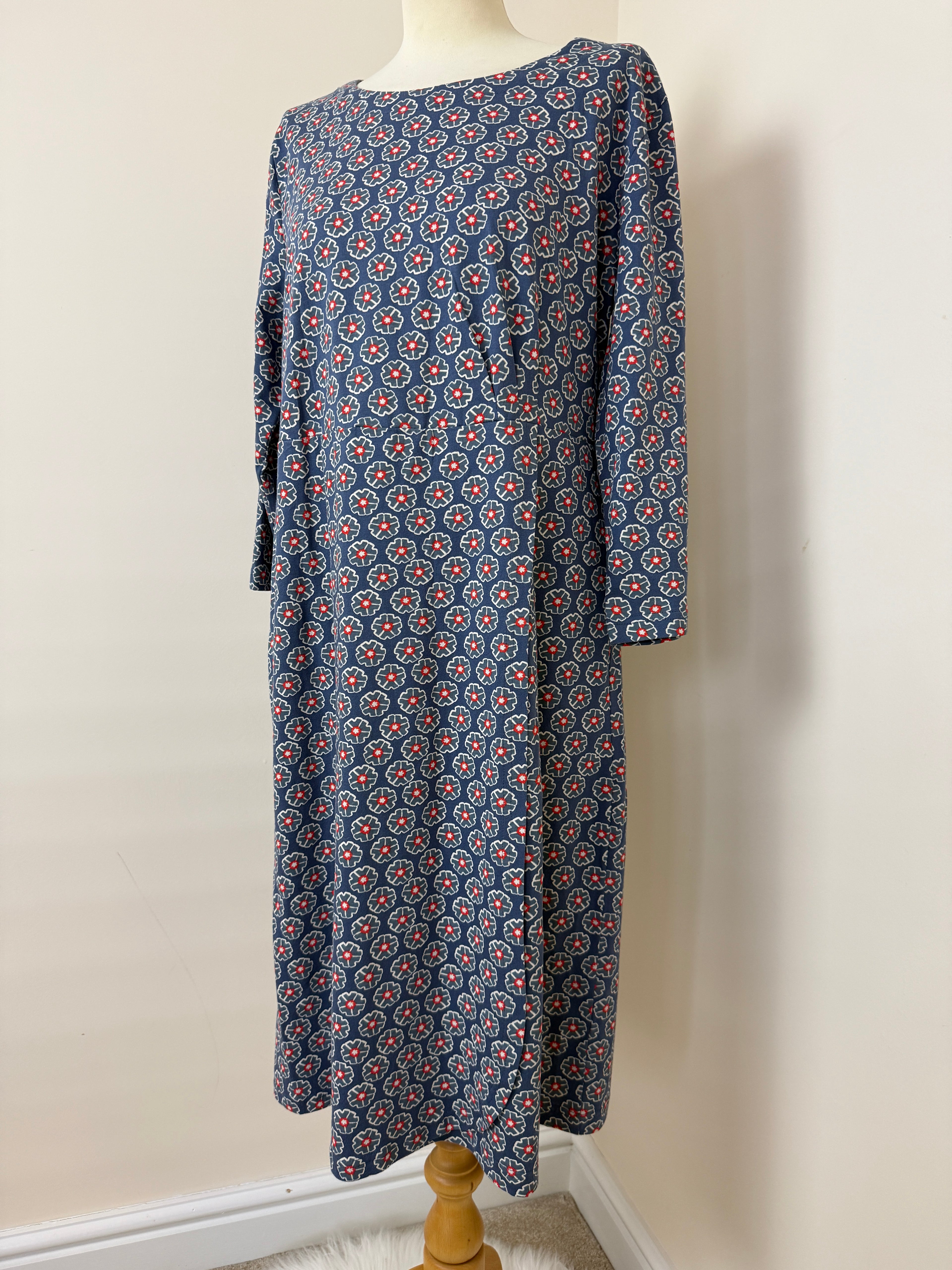 Adini Blue Floral Print Cotton Midi Dress Long Sleeve UK18