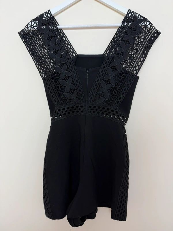 Topshop Lace Playsuit Black Crochet Detail V Neck Back Zip UK8