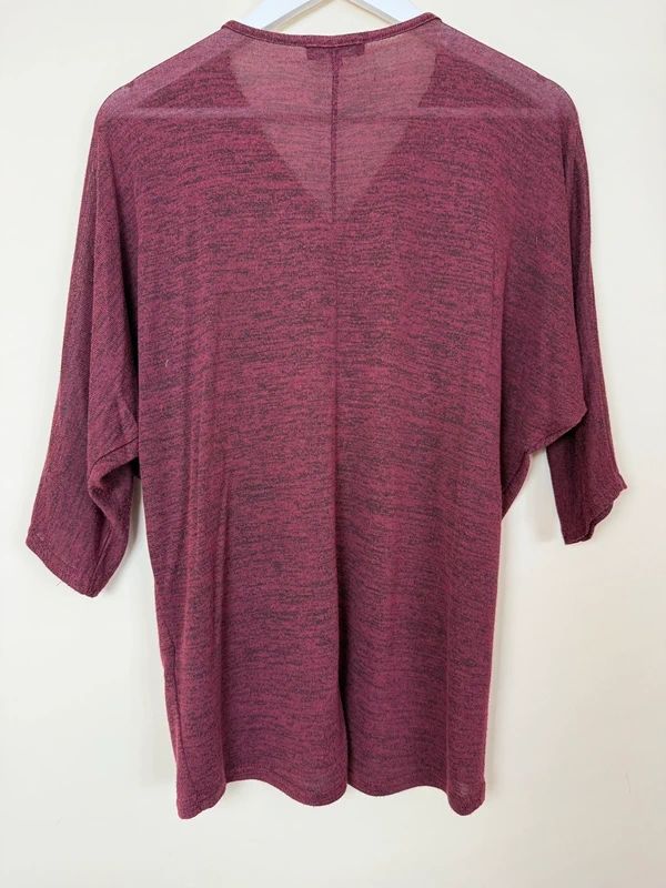 New Look Burgundy Top Half Zip 3/4 Sleeve Jersey Dip Hem Small