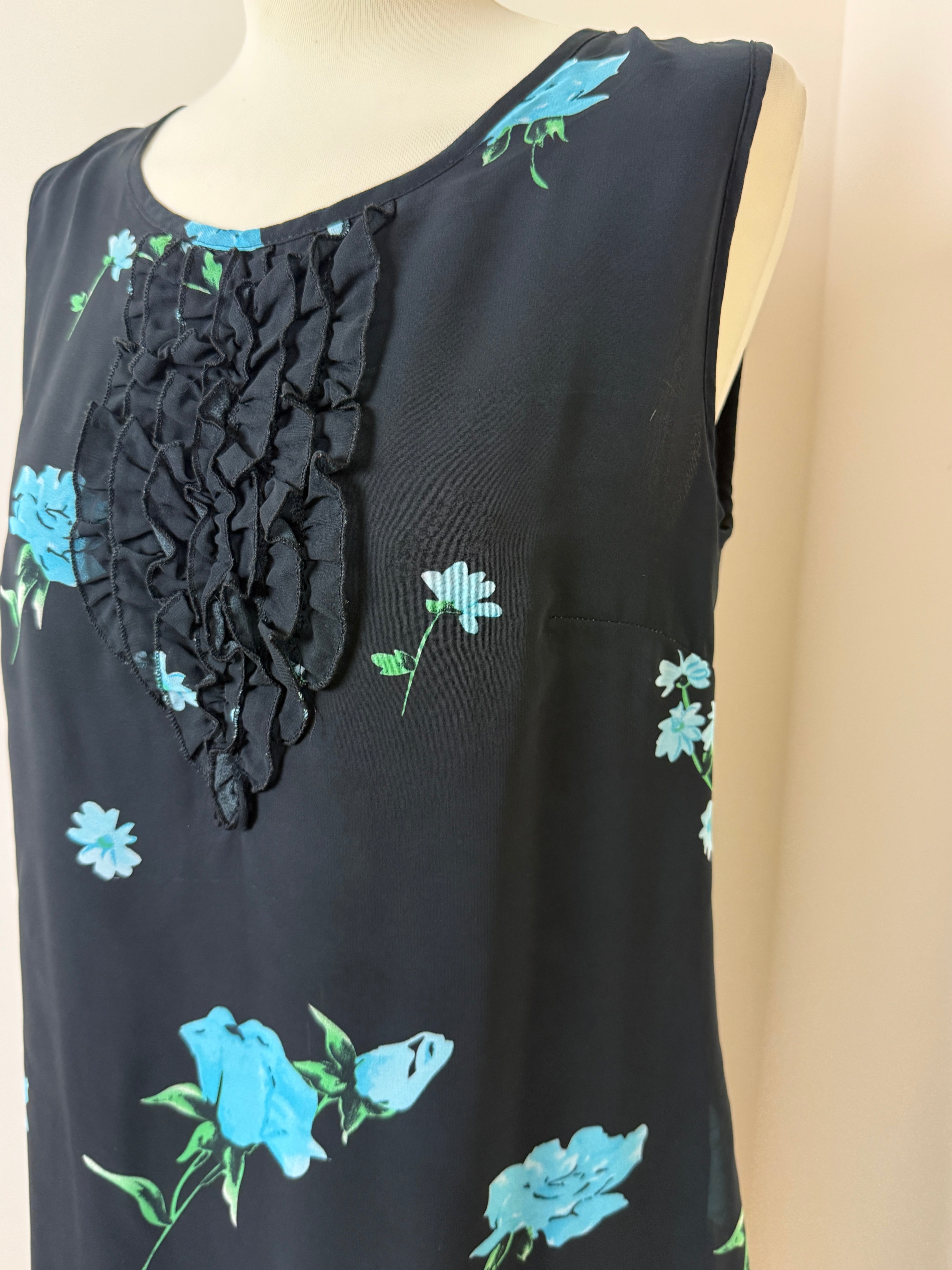Sheego Black Floral Midi Dress – Blue Print Sleeveless Ruffle Front – UK 16