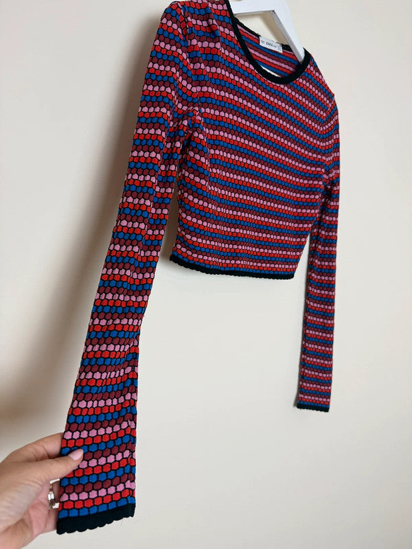 Zara Knit Multi Colour Geo Print Crop Jumper  - Small