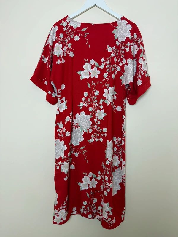 Truth & Fable Red Oriental Floral Kimono Style Midi Dress V Neck XL